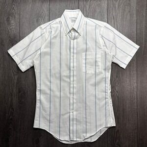 Vintage Arrow Dover Mens 14.5 White Blue Striped Short Sleeve Button Down Shirt